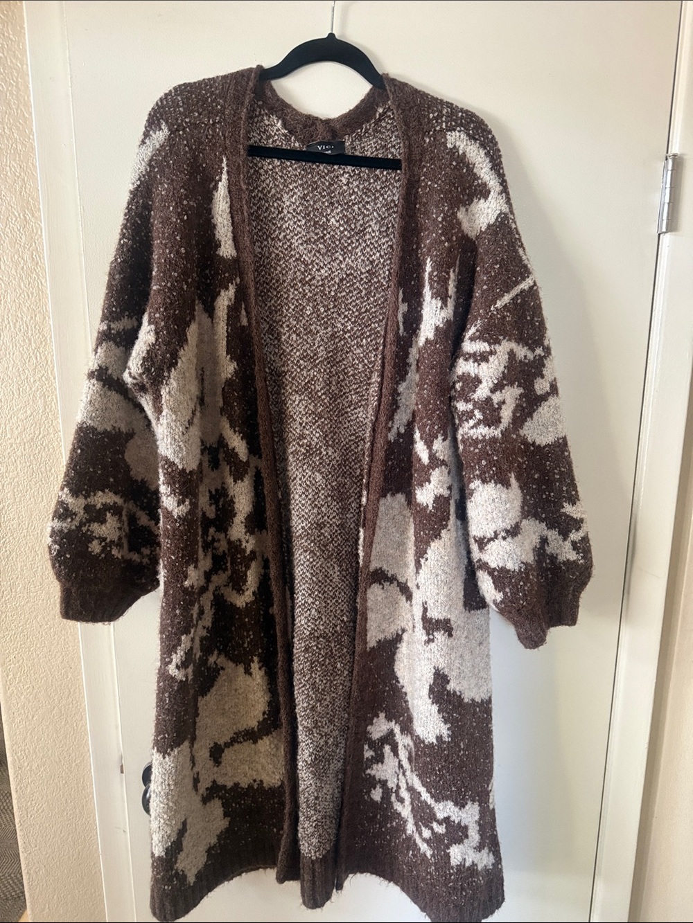 Vici Brown & Cream Abstract Open-Front Long Cardigan